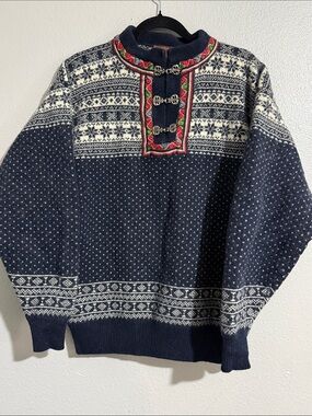 Men's Navy Nordic Crewneck Sweater with Embroidered Placket